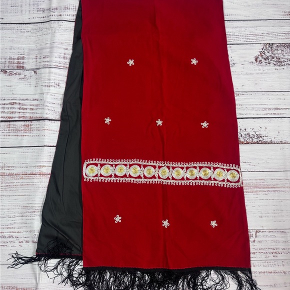 Embroidered Red Shawl with Black Fringe - Picture 2 of 6